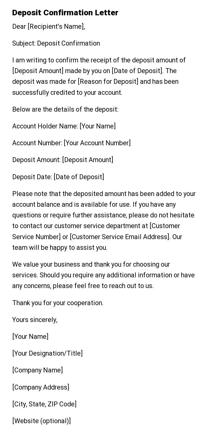 Deposit Confirmation Letter