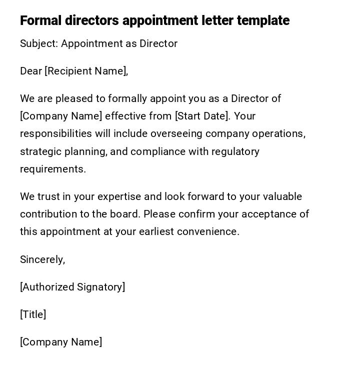 Formal directors appointment letter template