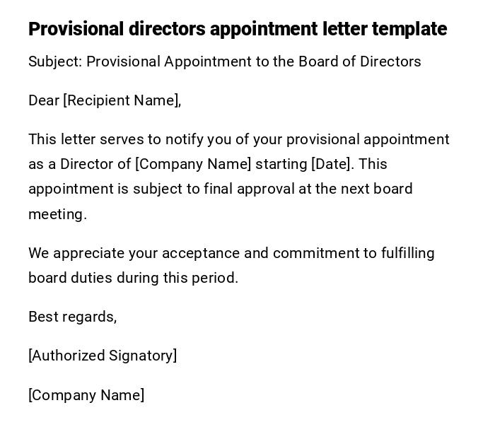 Provisional directors appointment letter template