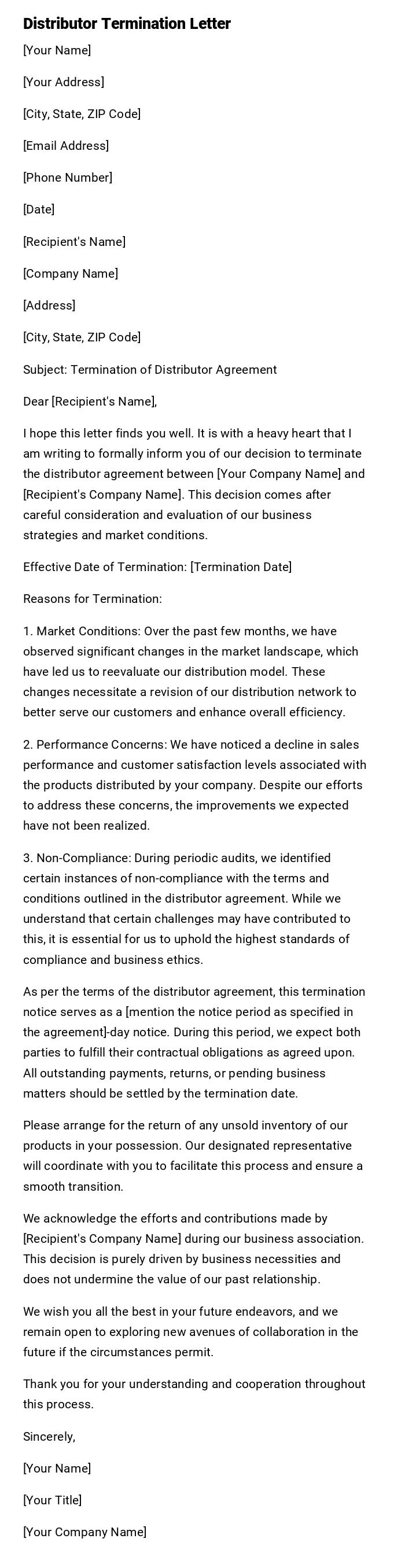 Distributor Termination Letter Distributor Termination Letter