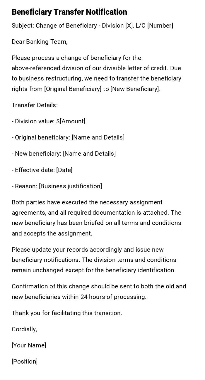 Beneficiary Transfer Notification Beneficiary Transfer Notification