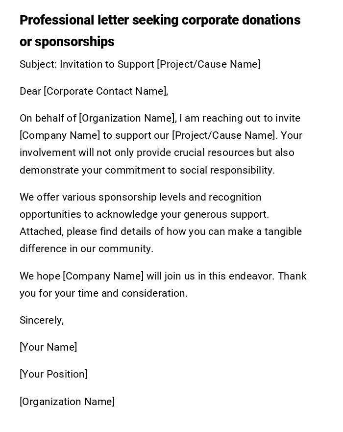 Professional letter seeking corporate donations or sponsorships Professional letter seeking corporate donations or sponsorships