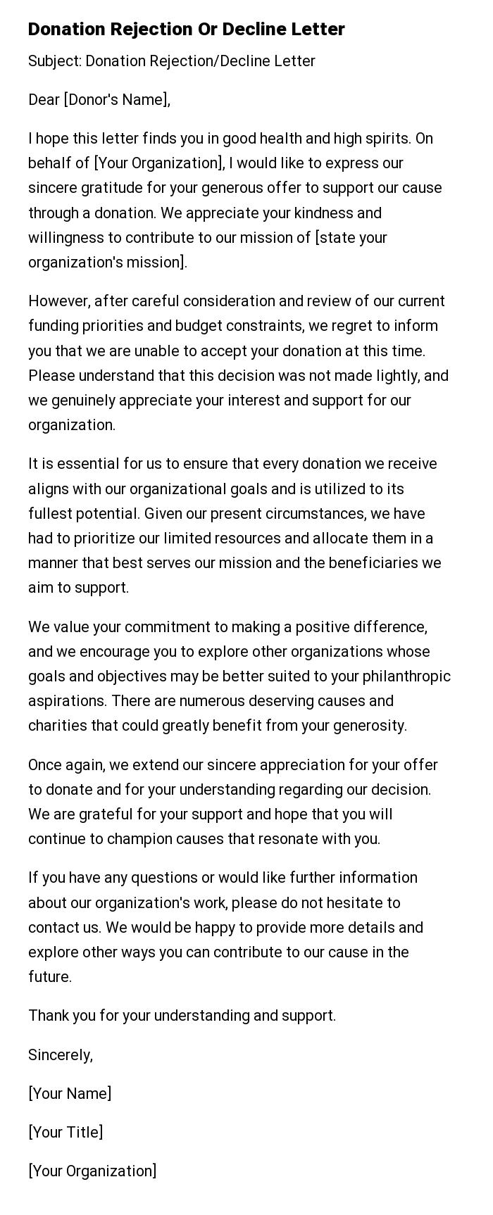 Donation Rejection Or Decline Letter