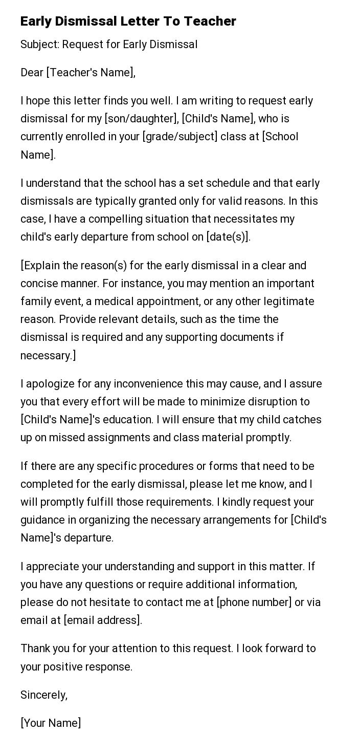 Early Dismissal Letter To Teacher