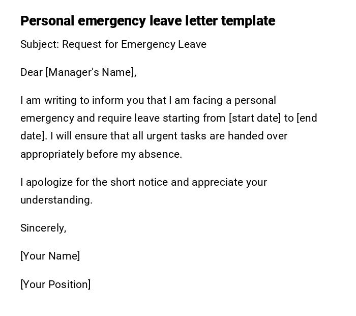 Personal emergency leave letter template
