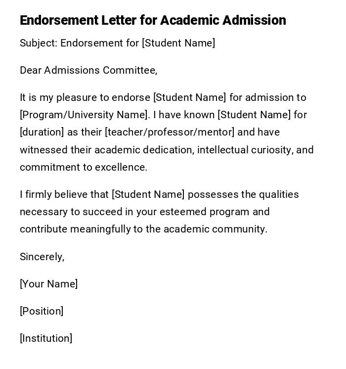 Endorsement Letter for Academic Admission Endorsement Letter for Academic Admission