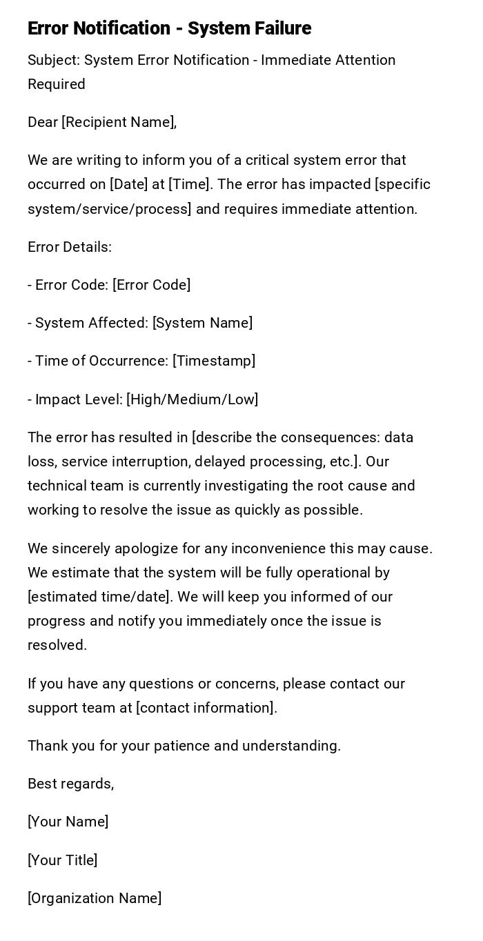 Error Notification - System Failure Error Notification - System Failure