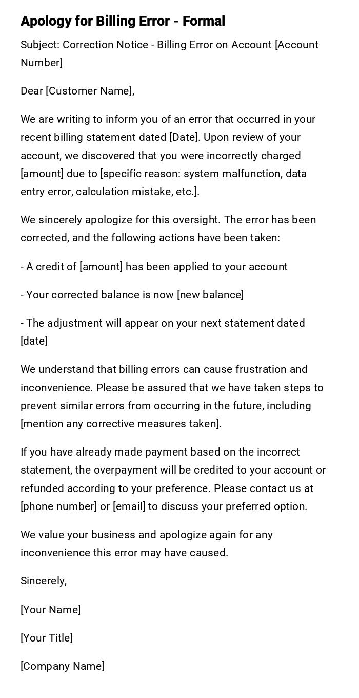 Apology for Billing Error - Formal Apology for Billing Error - Formal