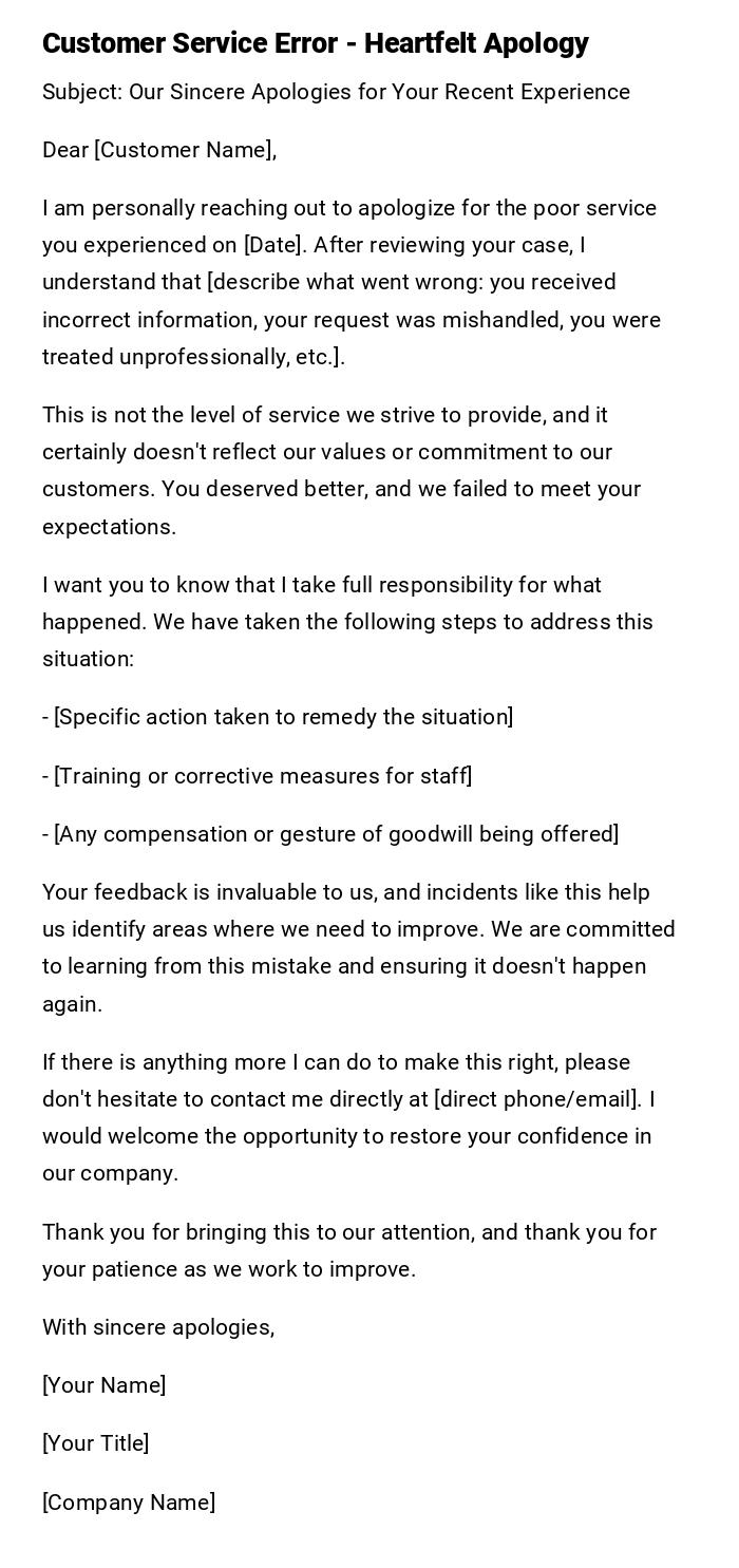 Customer Service Error - Heartfelt Apology Customer Service Error - Heartfelt Apology