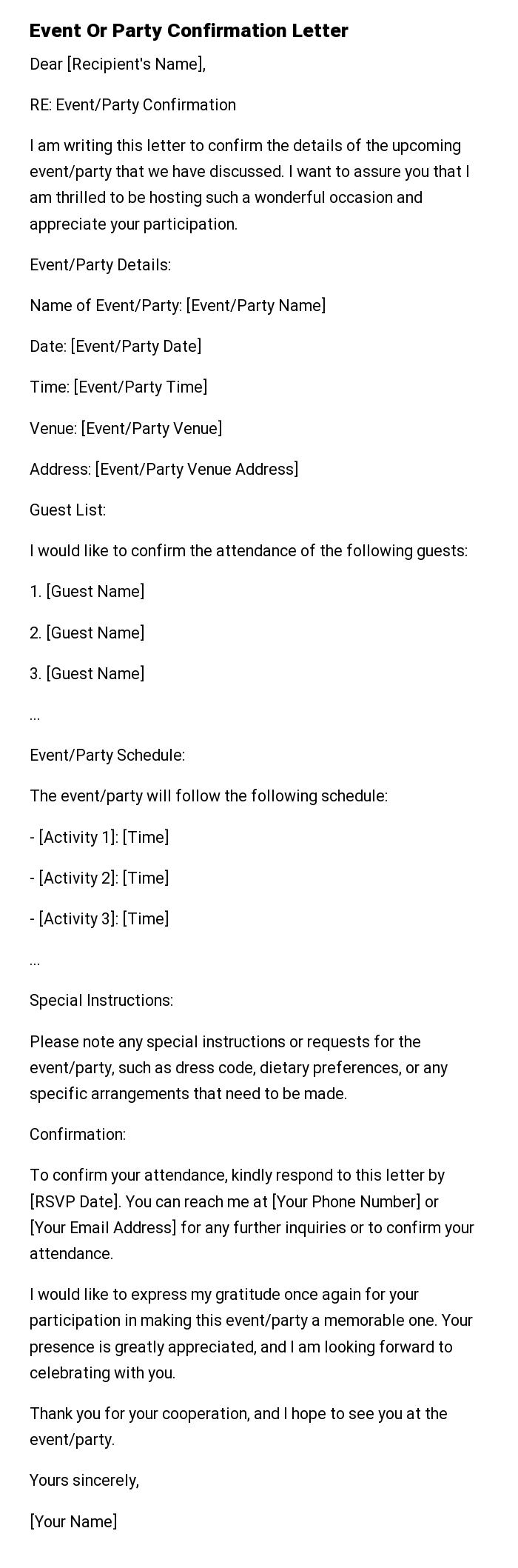 Event Or Party Confirmation Letter