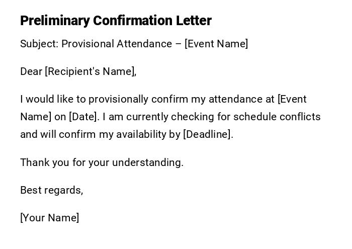 Preliminary Confirmation Letter Preliminary Confirmation Letter
