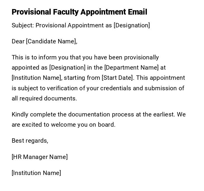 Provisional Faculty Appointment Email