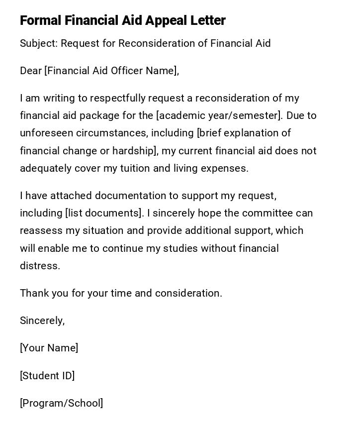 Formal Financial Aid Appeal Letter Formal Financial Aid Appeal Letter