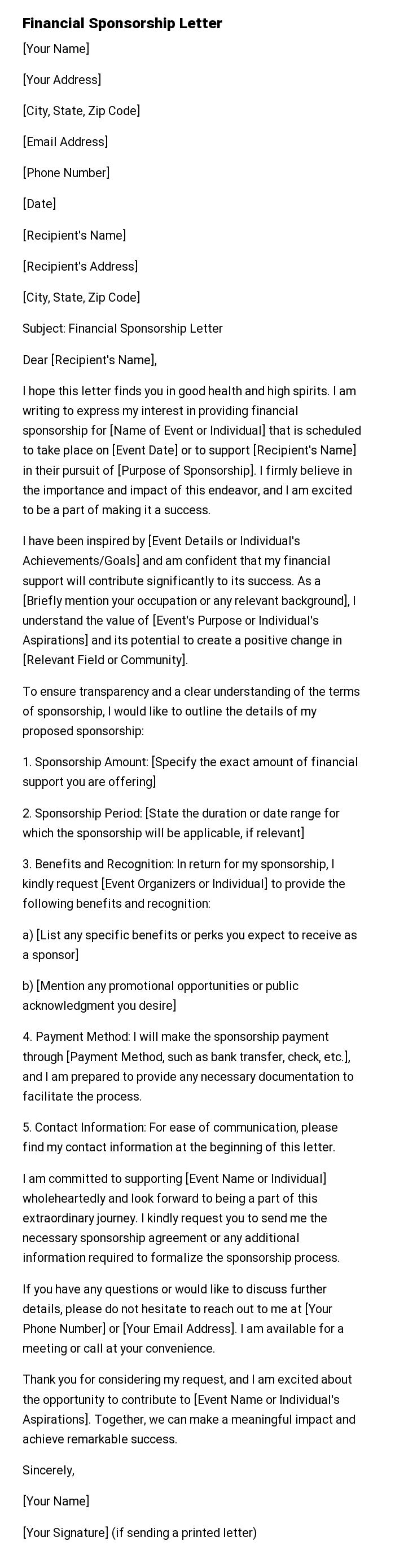 Financial Sponsorship Letter