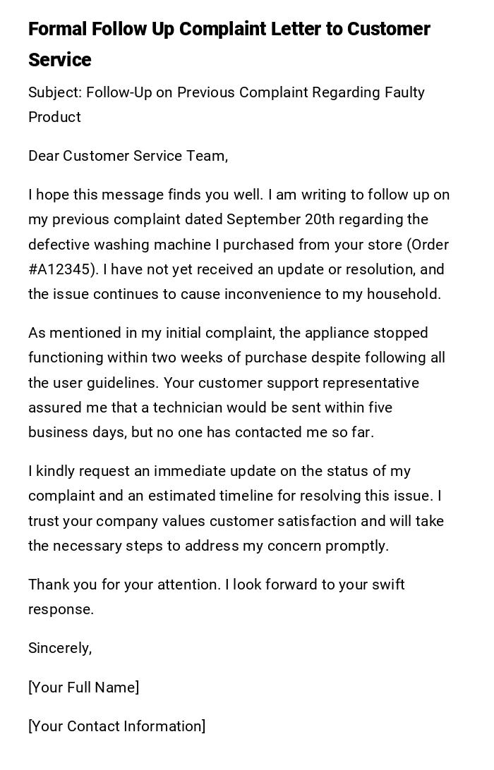 Formal Follow Up Complaint Letter to Customer Service Formal Follow Up Complaint Letter to Customer Service