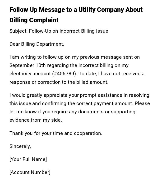 Follow Up Message to a Utility Company About Billing Complaint Follow Up Message to a Utility Company About Billing Complaint