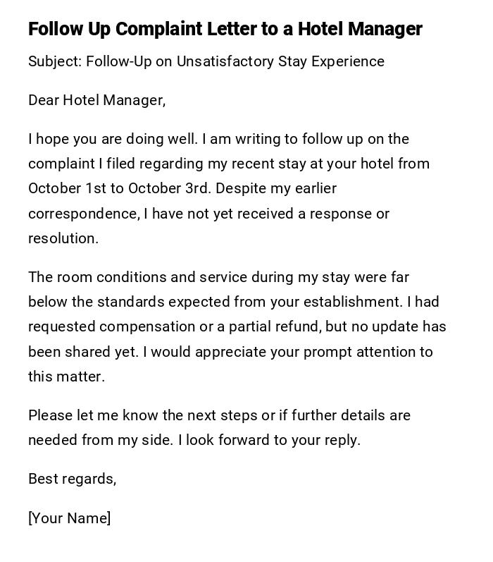 Follow Up Complaint Letter to a Hotel Manager Follow Up Complaint Letter to a Hotel Manager