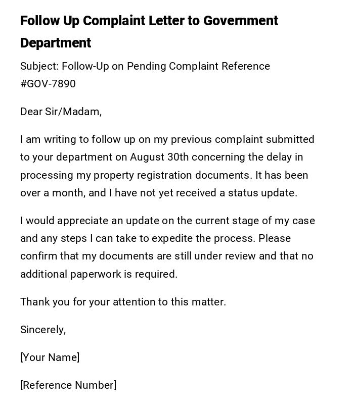 Follow Up Complaint Letter to Government Department Follow Up Complaint Letter to Government Department