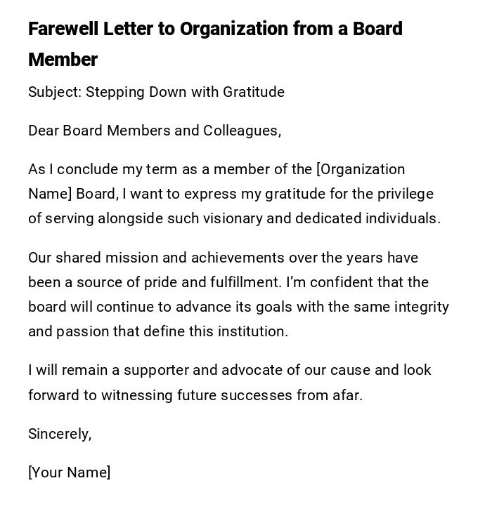 Farewell Letter to Organization from a Board Member