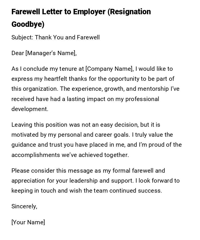 Farewell Letter to Employer (Resignation Goodbye)