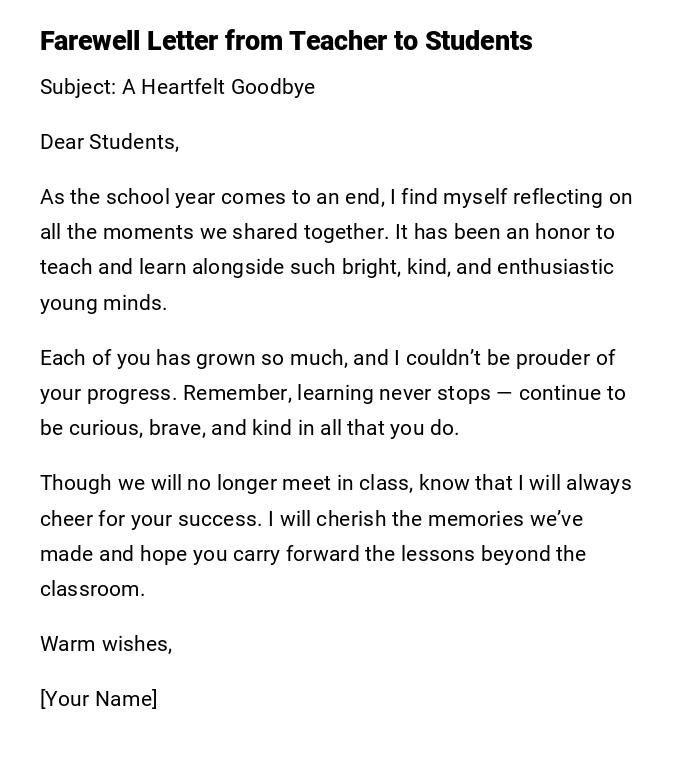 Farewell Letter from Teacher to Students