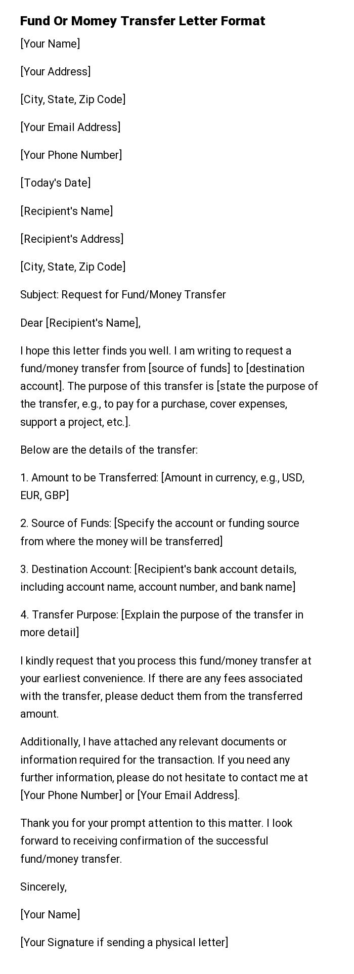 Fund Or Momey Transfer Letter Format