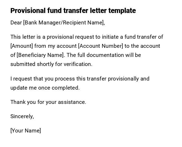 Provisional fund transfer letter template Provisional fund transfer letter template