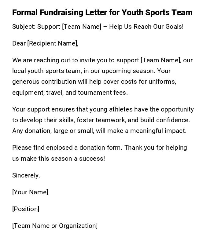 Formal Fundraising Letter for Youth Sports Team Formal Fundraising Letter for Youth Sports Team