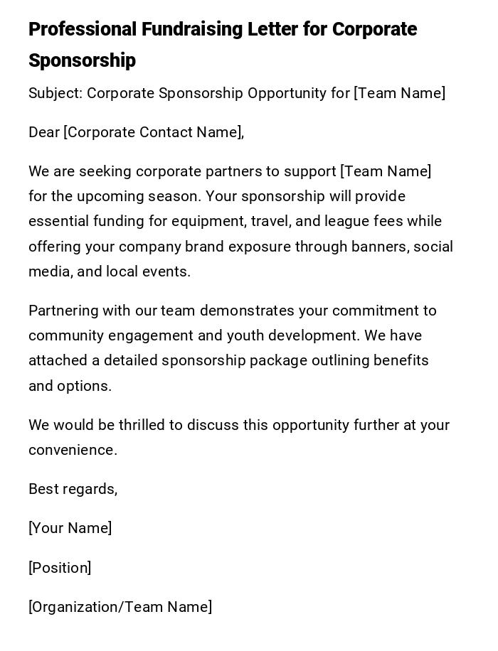 Professional Fundraising Letter for Corporate Sponsorship Professional Fundraising Letter for Corporate Sponsorship