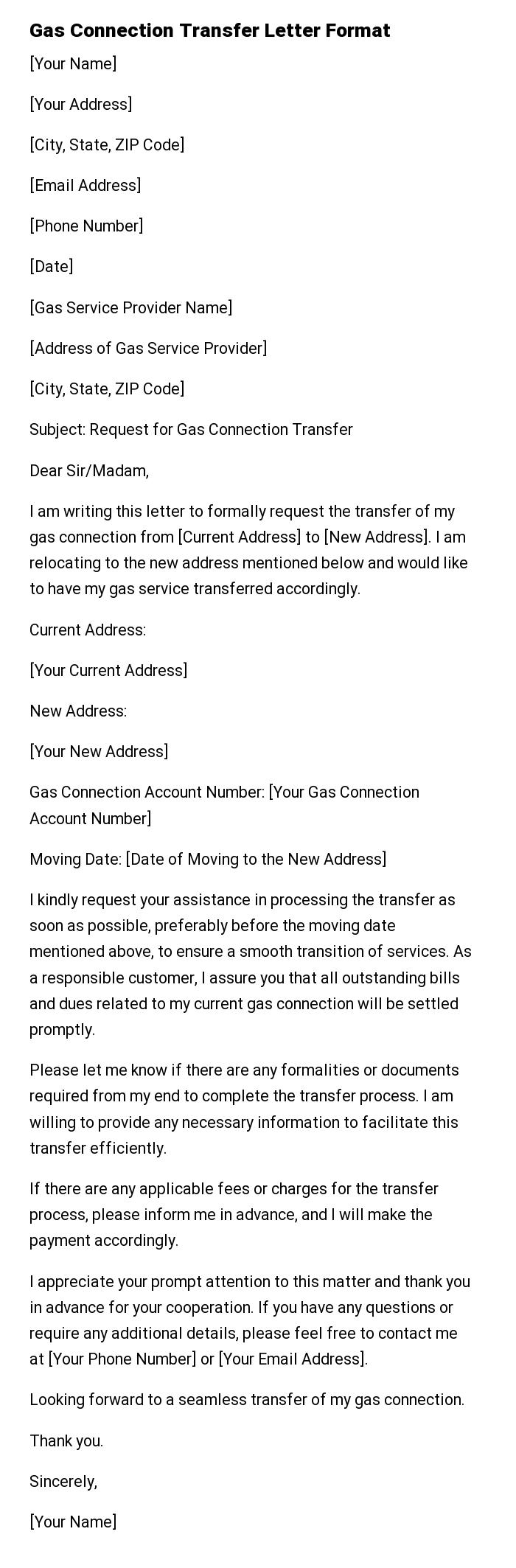 Gas Connection Transfer Letter Format