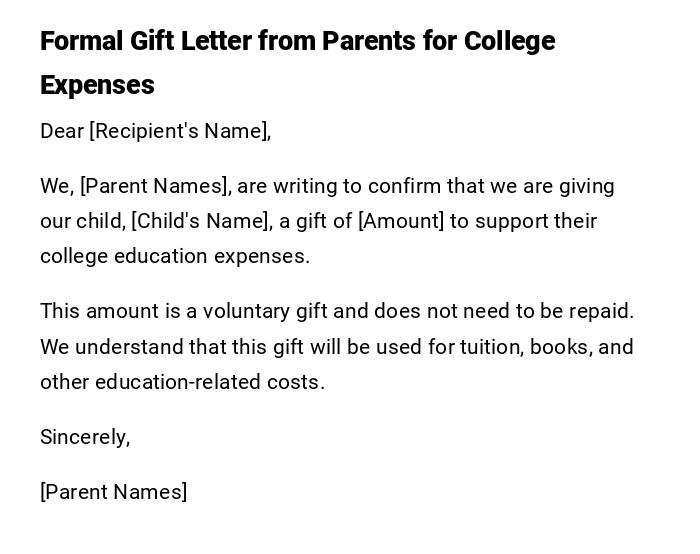Formal Gift Letter from Parents for College Expenses