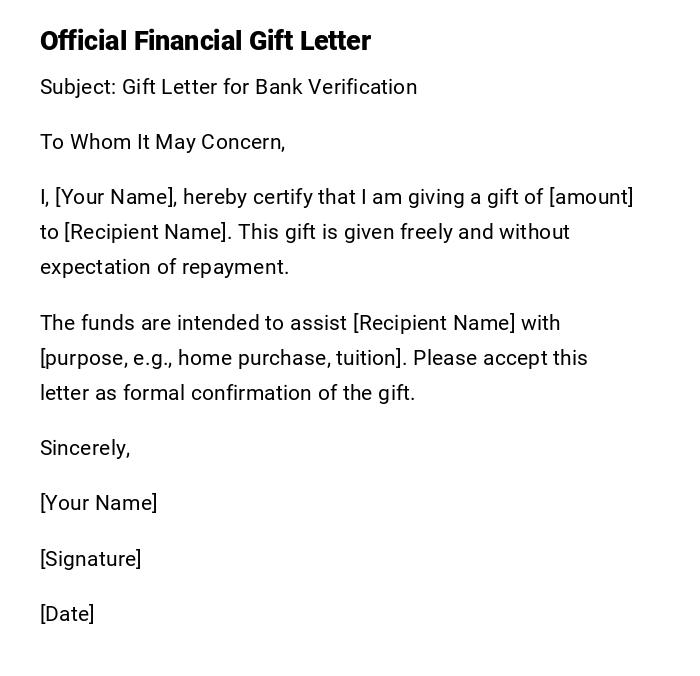 Official Financial Gift Letter Official Financial Gift Letter