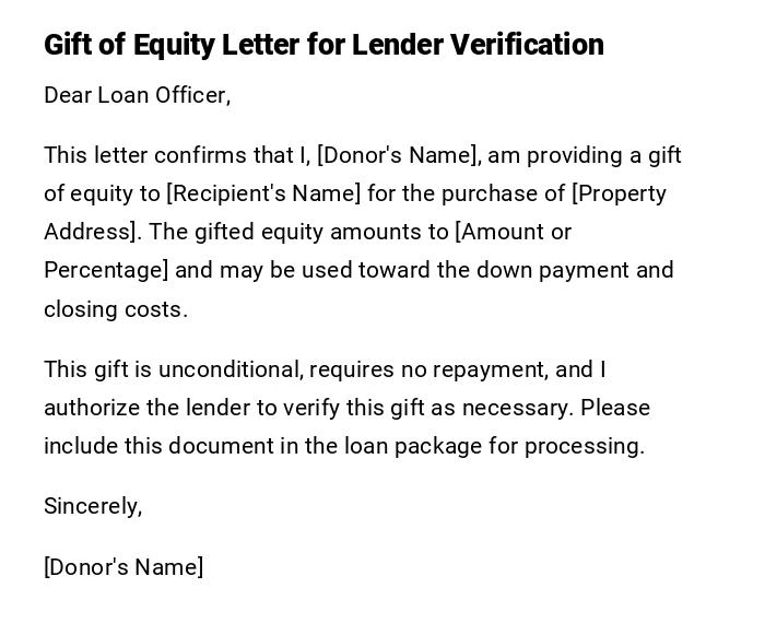 Gift of Equity Letter for Lender Verification Gift of Equity Letter for Lender Verification