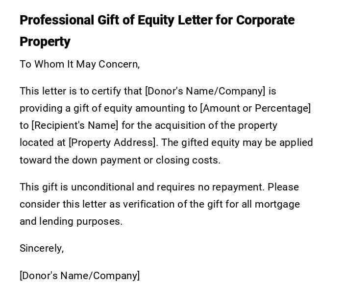 Professional Gift of Equity Letter for Corporate Property Professional Gift of Equity Letter for Corporate Property