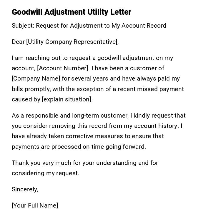 Goodwill Adjustment Utility Letter Goodwill Adjustment Utility Letter
