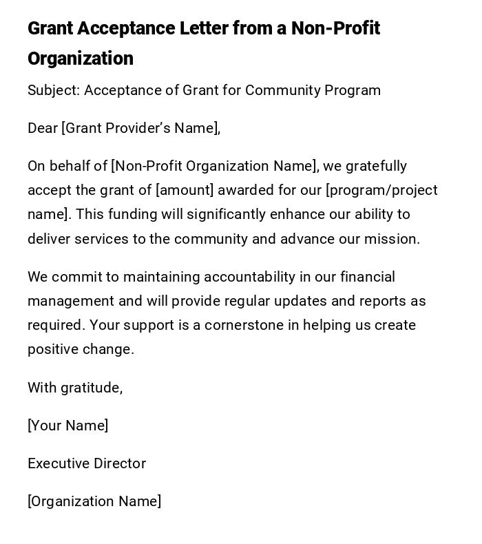 Grant Acceptance Letter from a Non-Profit Organization Grant Acceptance Letter from a Non-Profit Organization