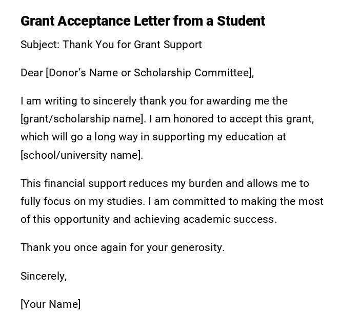 Grant Acceptance Letter from a Student Grant Acceptance Letter from a Student