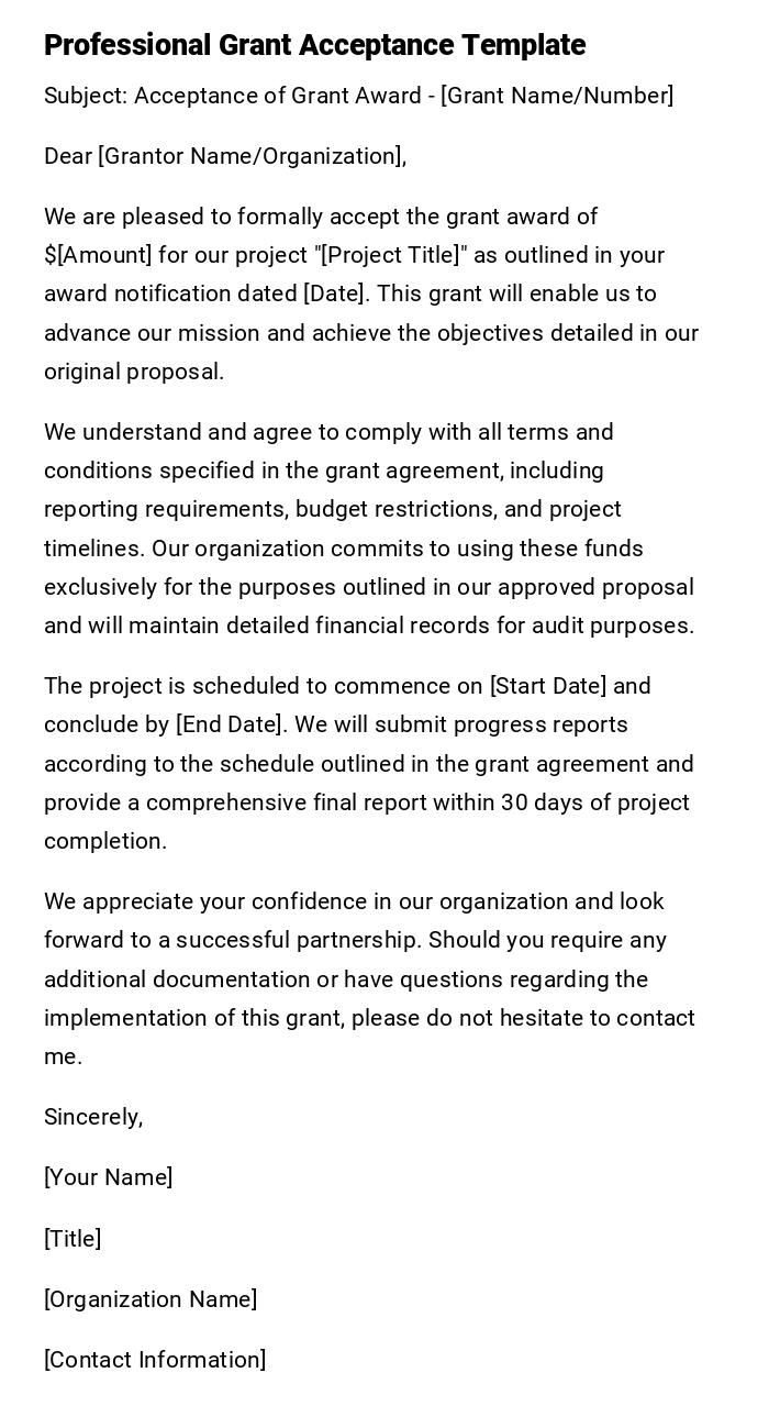 Professional Grant Acceptance Template