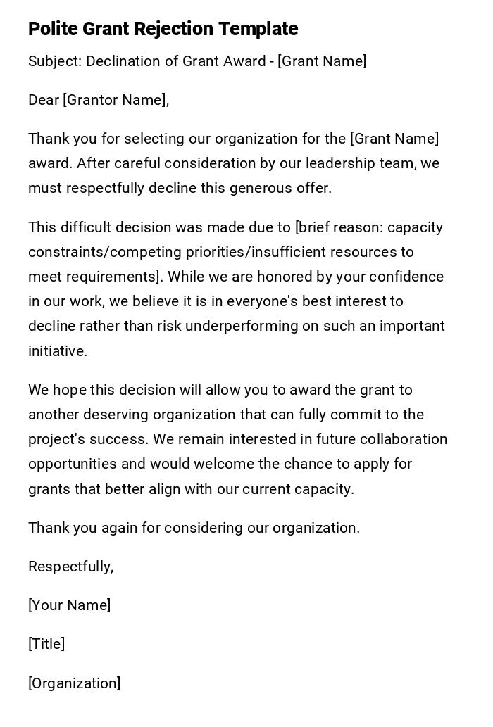 Polite Grant Rejection Template