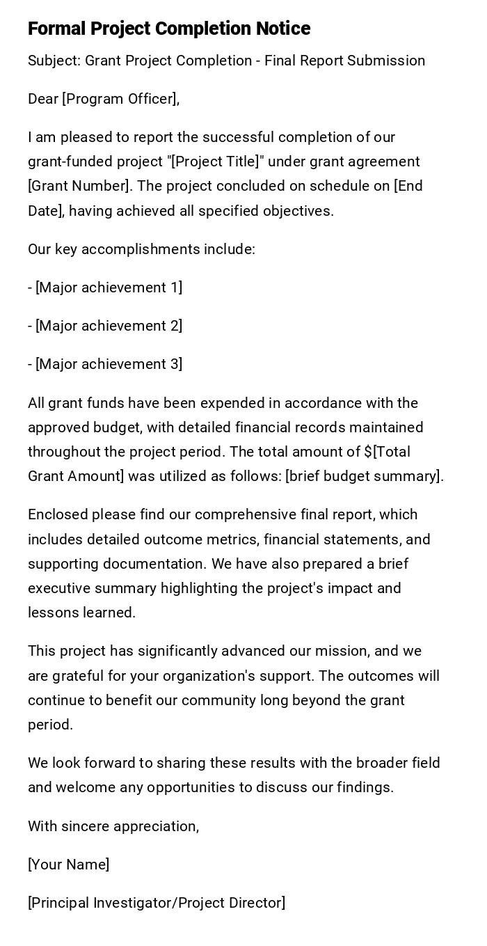Formal Project Completion Notice