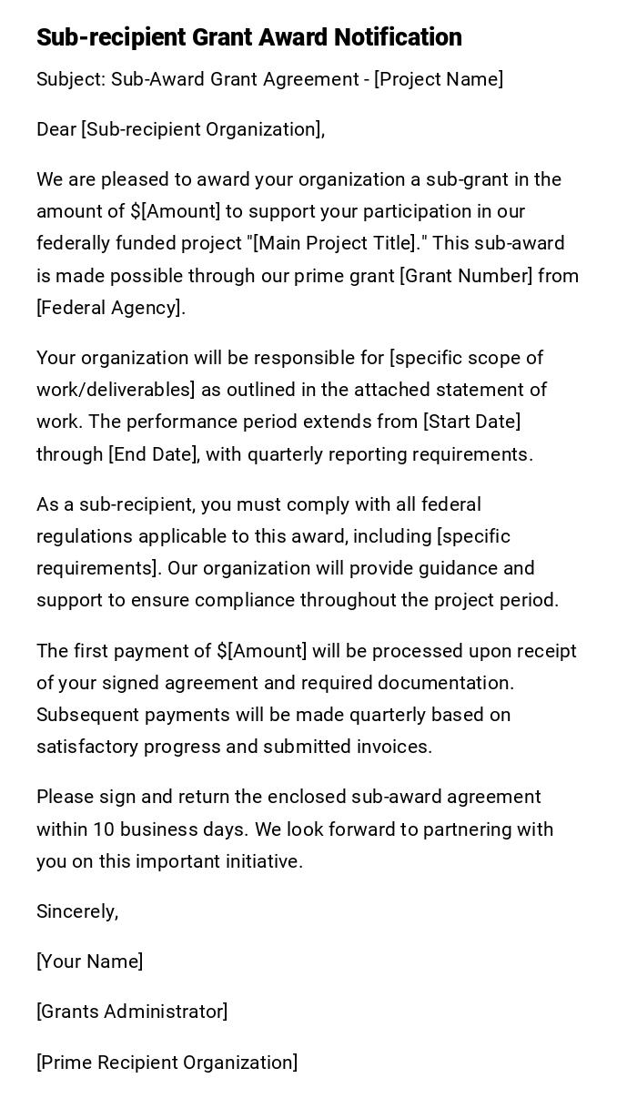 Sub-recipient Grant Award Notification