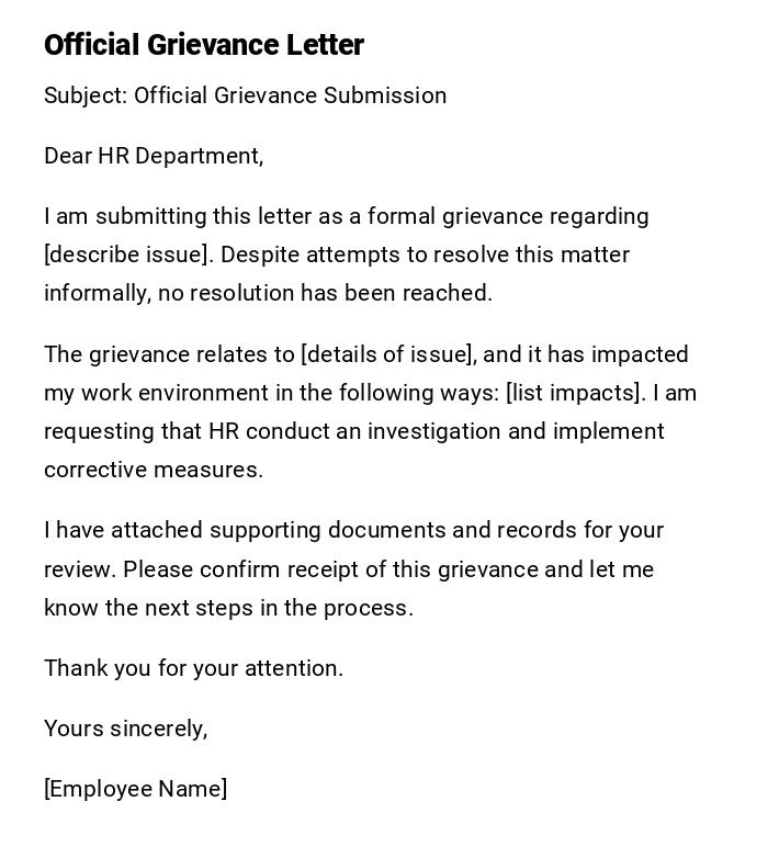 Official Grievance Letter Official Grievance Letter