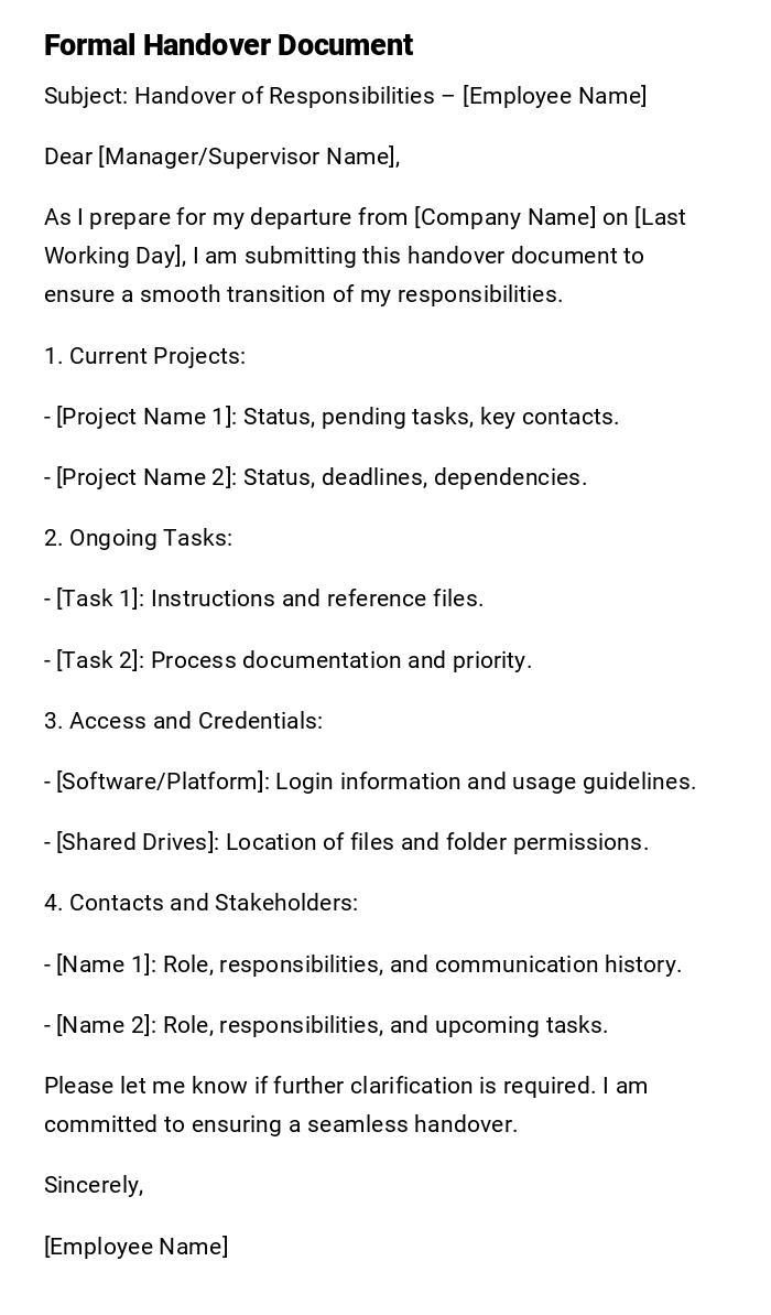 Formal Handover Document Formal Handover Document