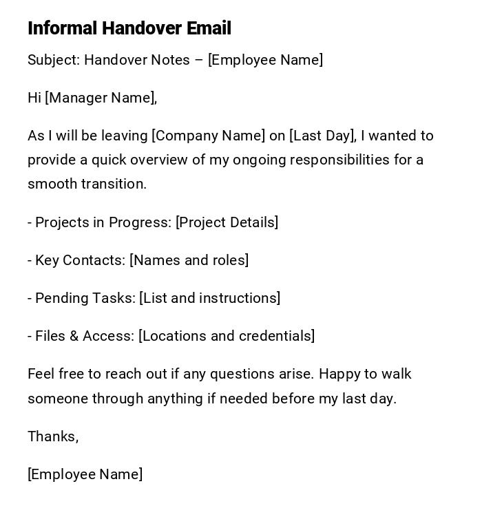 Informal Handover Email Informal Handover Email