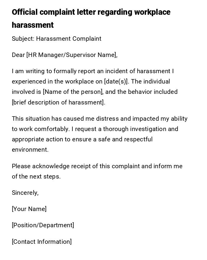 Official complaint letter regarding workplace harassment