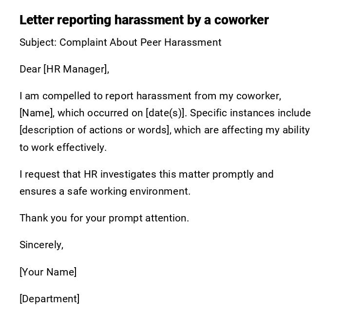 Letter reporting harassment by a coworker