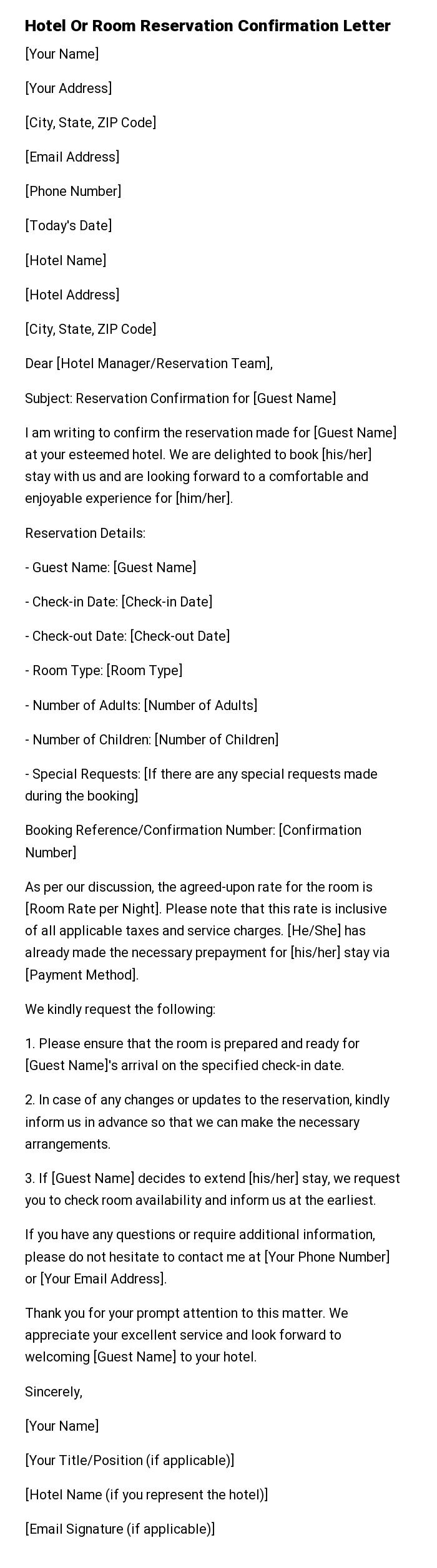 Hotel Or Room Reservation Confirmation Letter