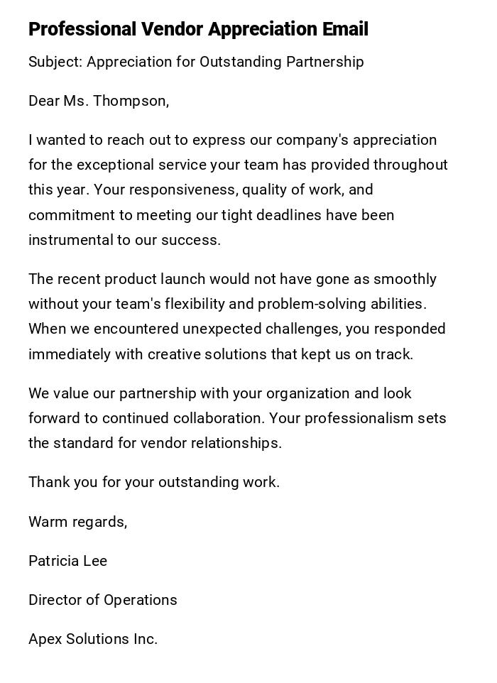 Professional Vendor Appreciation Email Professional Vendor Appreciation Email