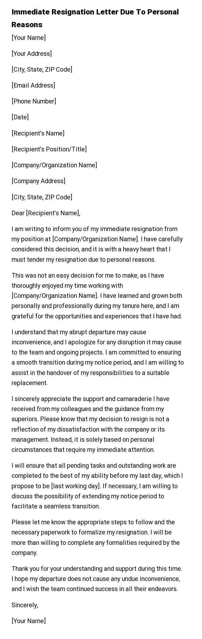 Immediate Resignation Letter Due To Personal Reasons