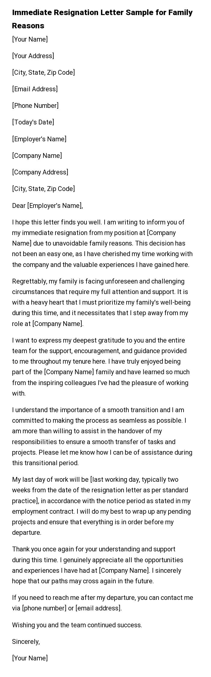 Immediate Resignation Letter Sample for Family Reasons